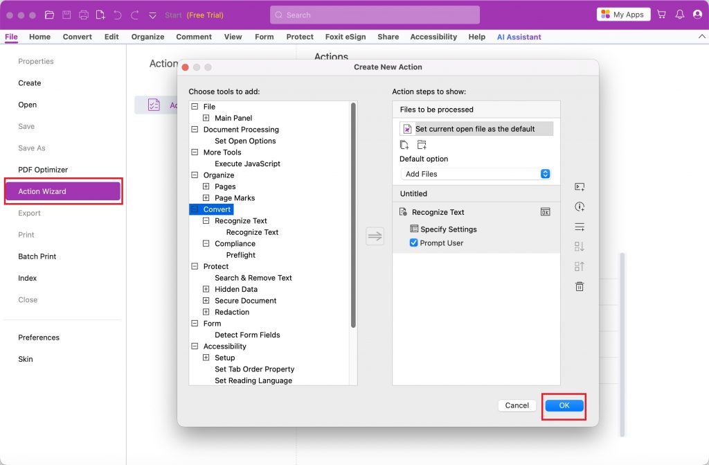 foxit pdf editor create new actions