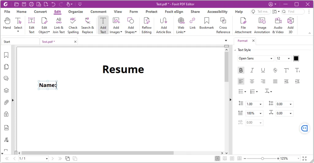 Foxit PDF resume editor