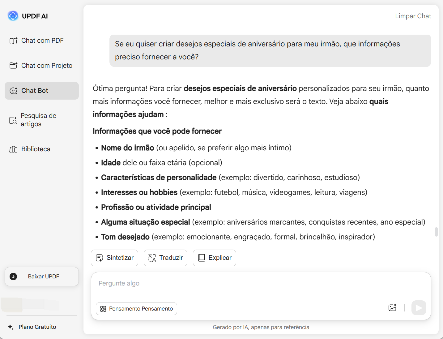 se eu quiser gerar desejos especiais de aniversário para meu irmão, quais informações eu preciso fornecer a você?