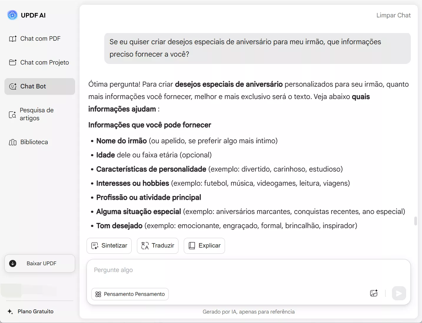 se eu quiser gerar desejos especiais de aniversário para meu irmão, quais informações eu preciso fornecer a você?