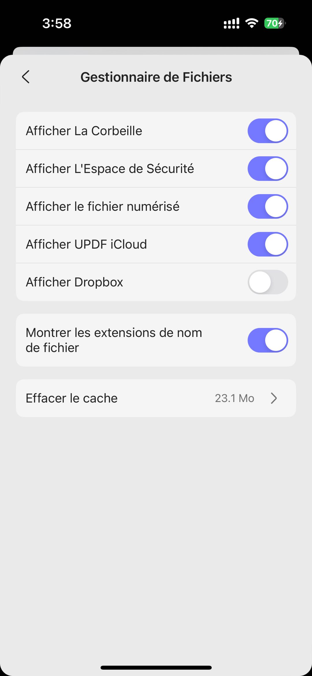 paramètres du gestionnaire de fichiers