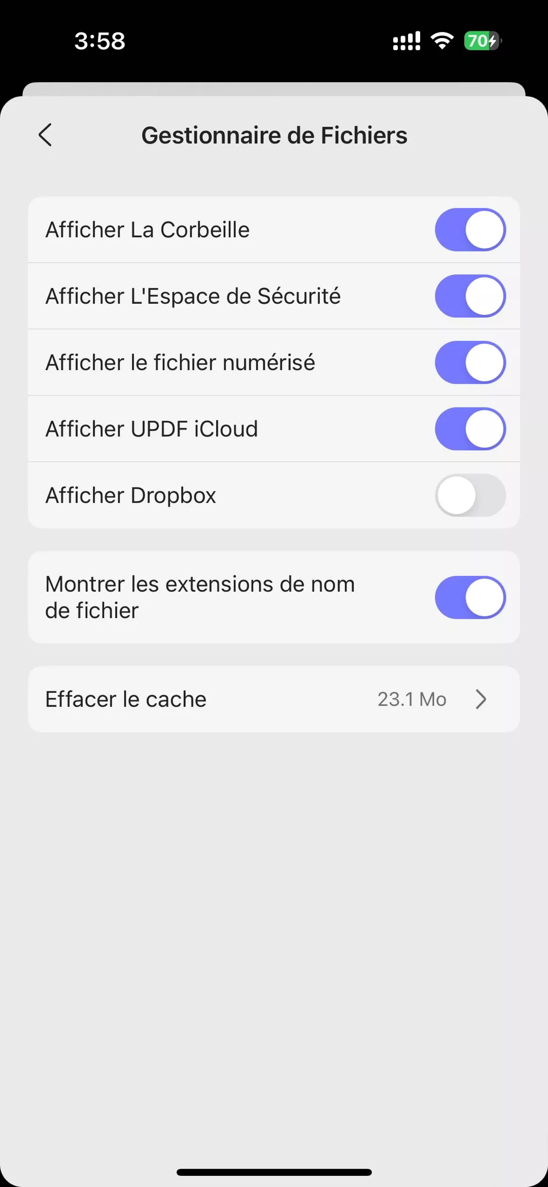 paramètres du gestionnaire de fichiers