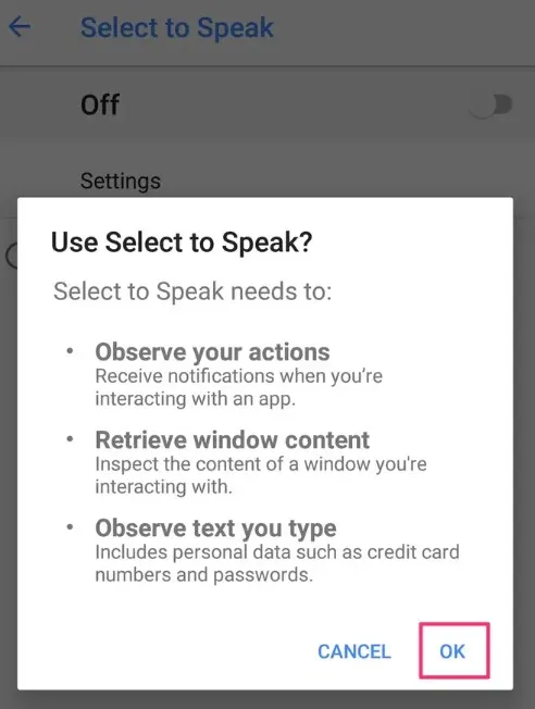 text to speech google docs ok button