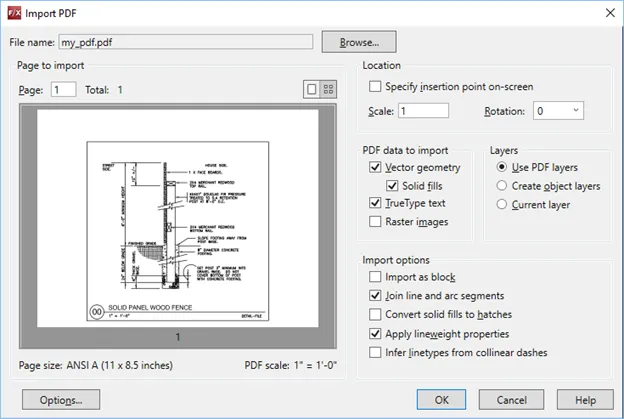 Einstellungen für den Datenimport in AutoCAD