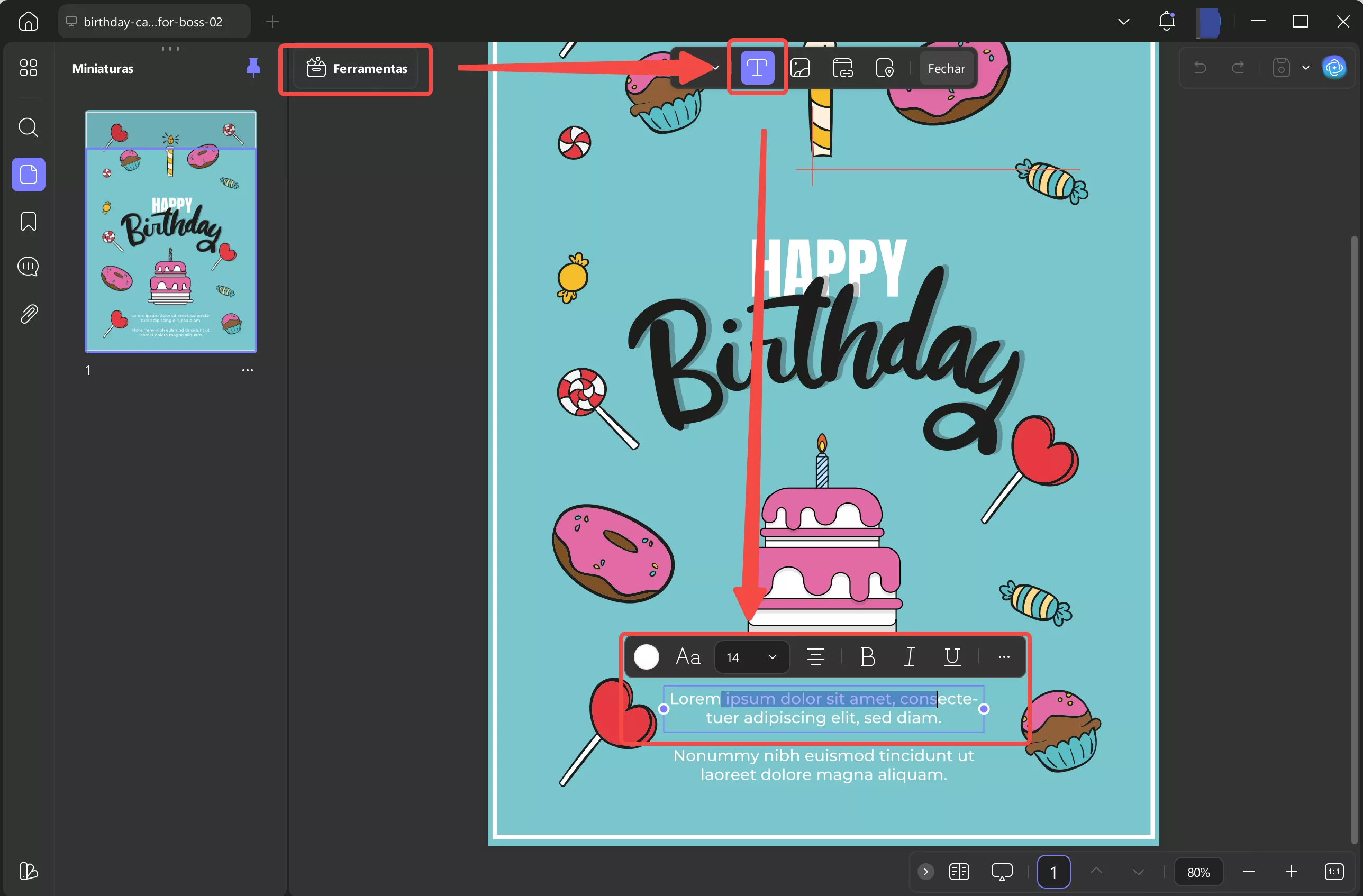 inserir e editar texto