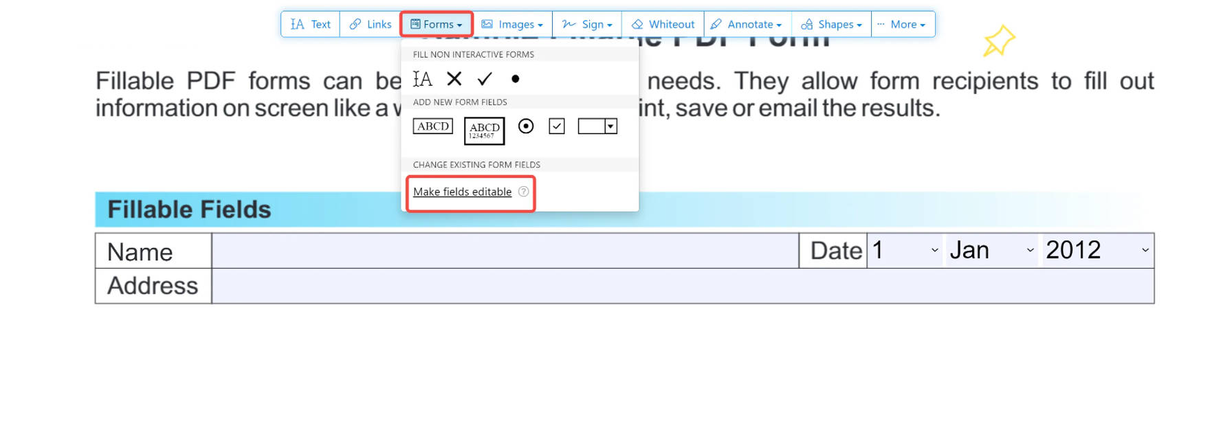 make fileds fillable on sejda