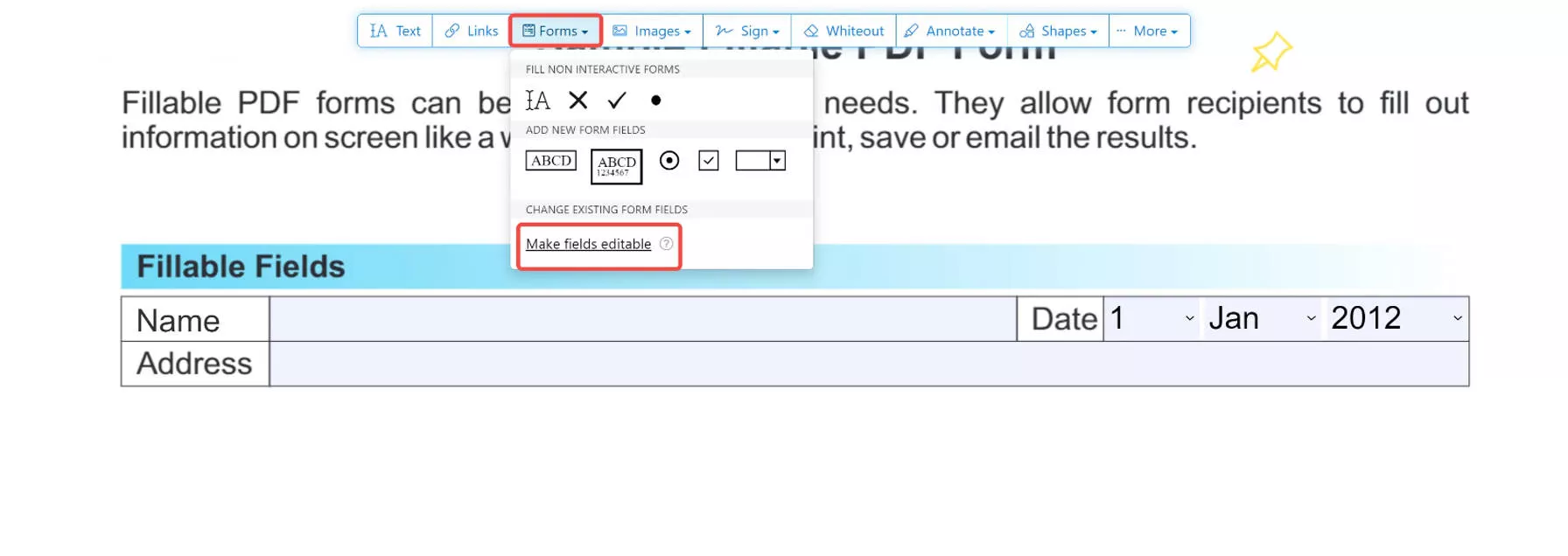 make fileds fillable on sejda