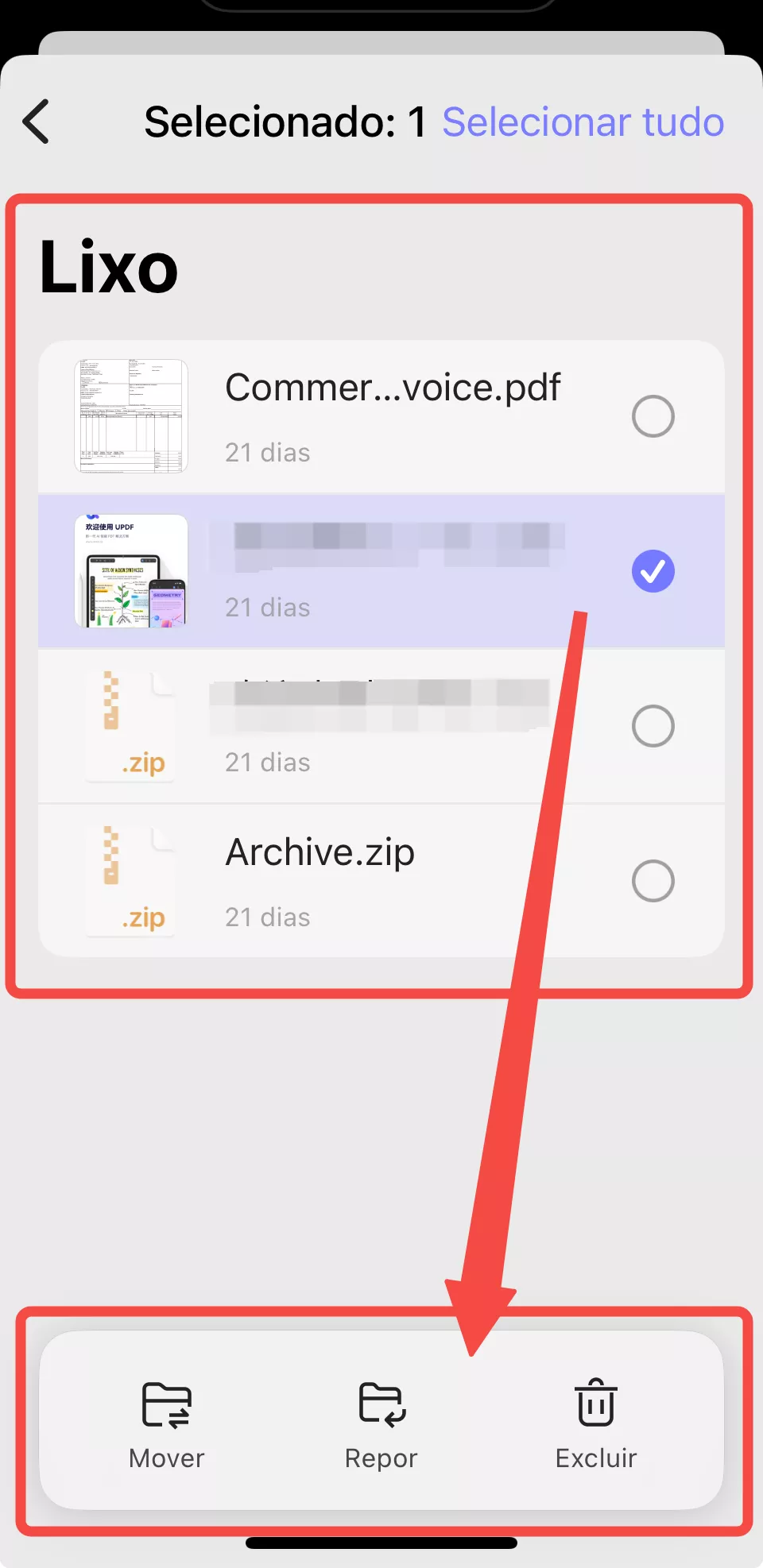 mover textos e repor textos e excluir textos