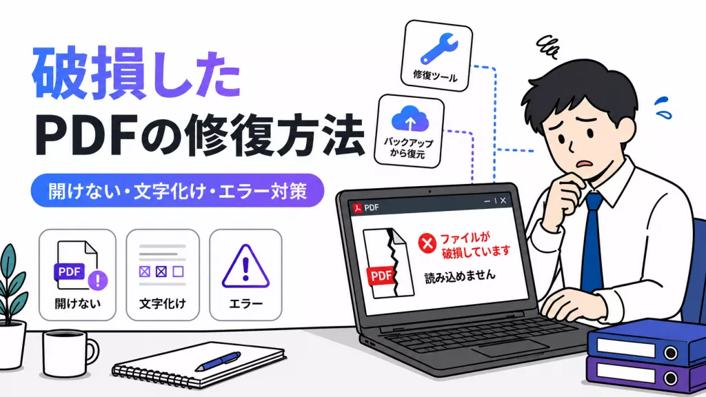 破損したPDFが開けない、文字化けする、エラーが出るなどの症状を示すイラスト