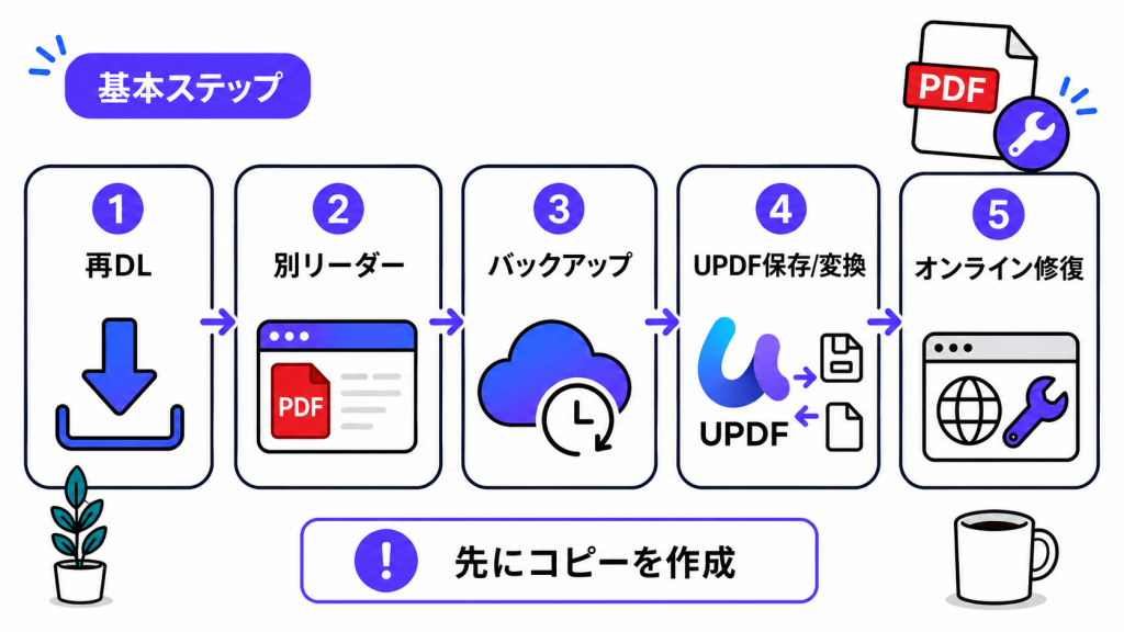 破損したPDFを修復・復元する5つの基本ステップをまとめた図