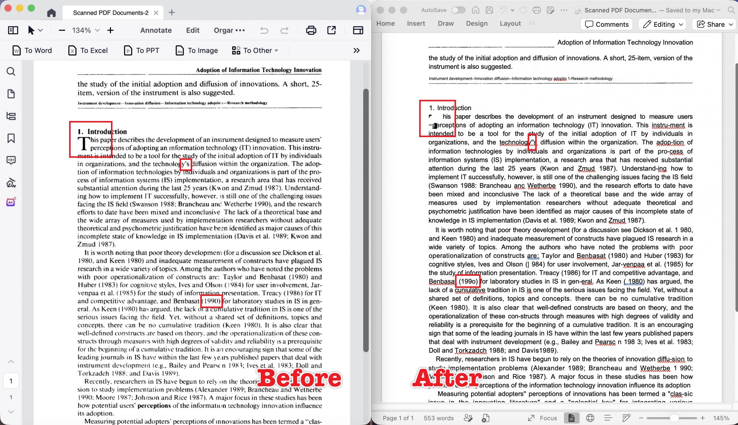 pdfreaderpro converts scanned pdf to word result 1
