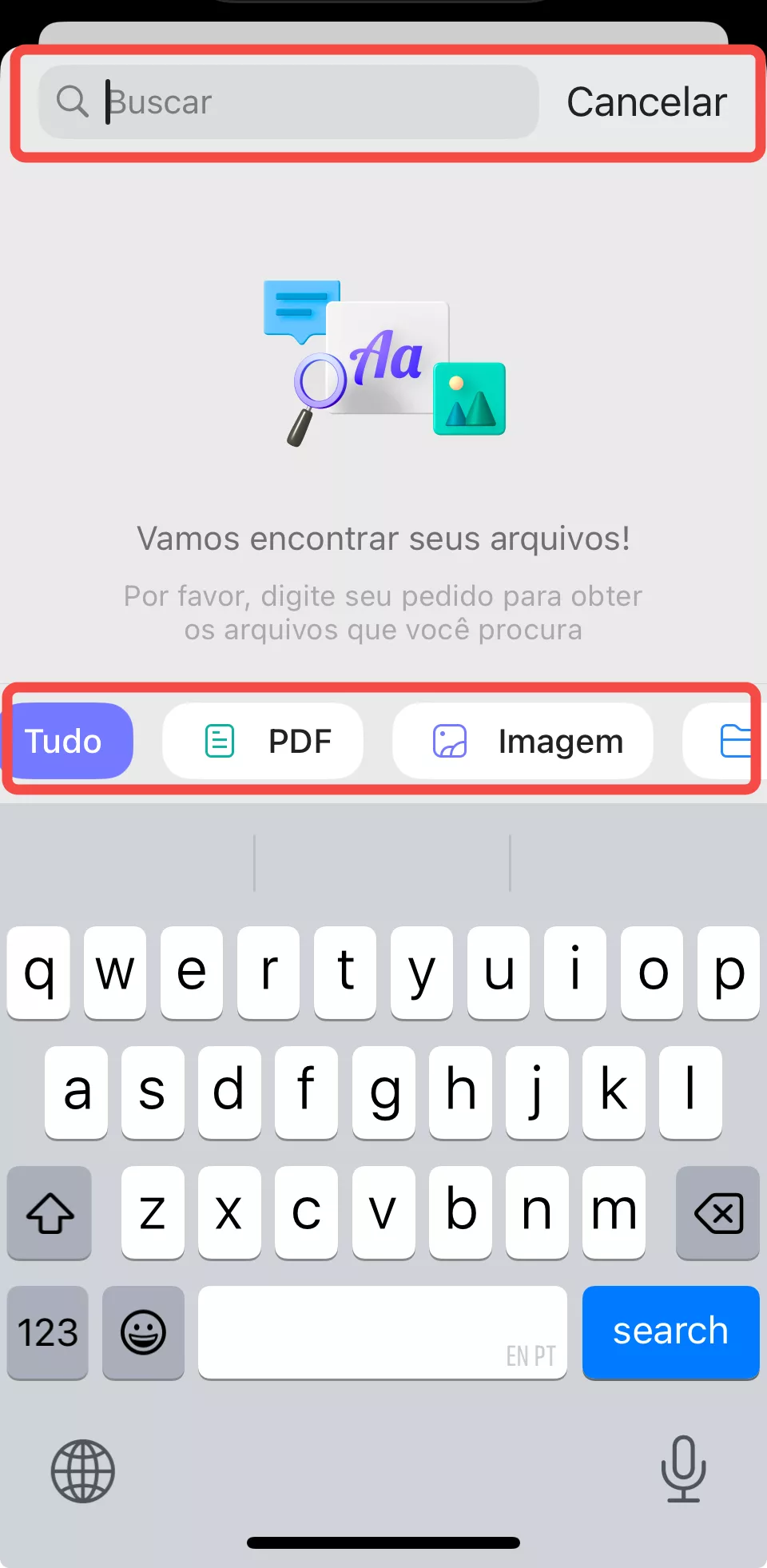 pesquisar ou reorganizar a lista de arquivos
