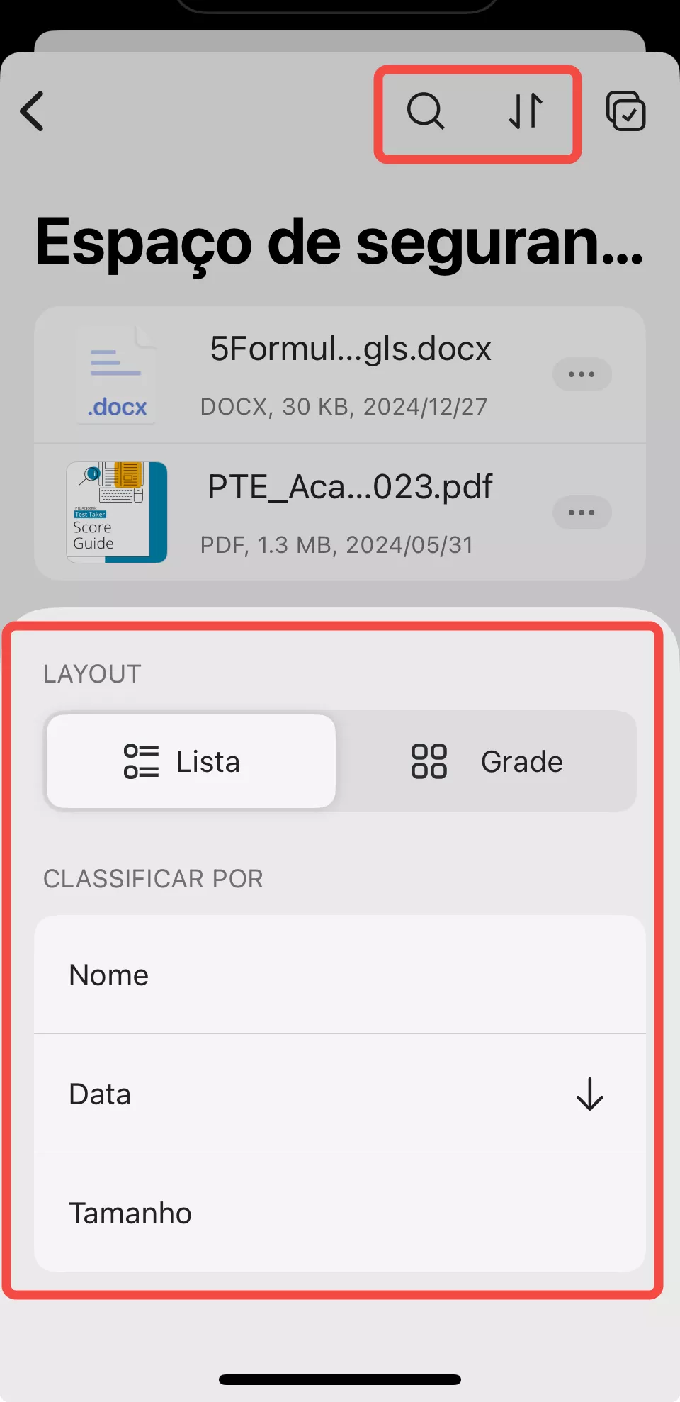pesquisar ou reorganizar a lista de arquivos