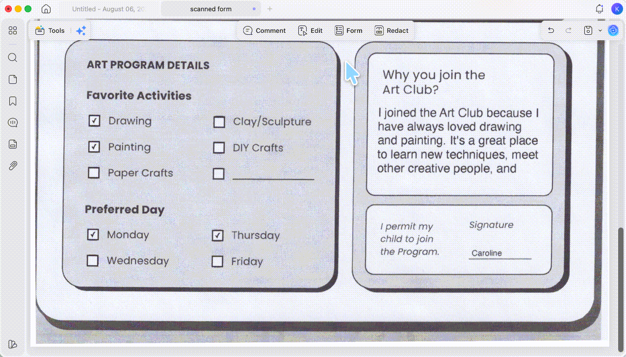 place a new checkbox field with updf mac