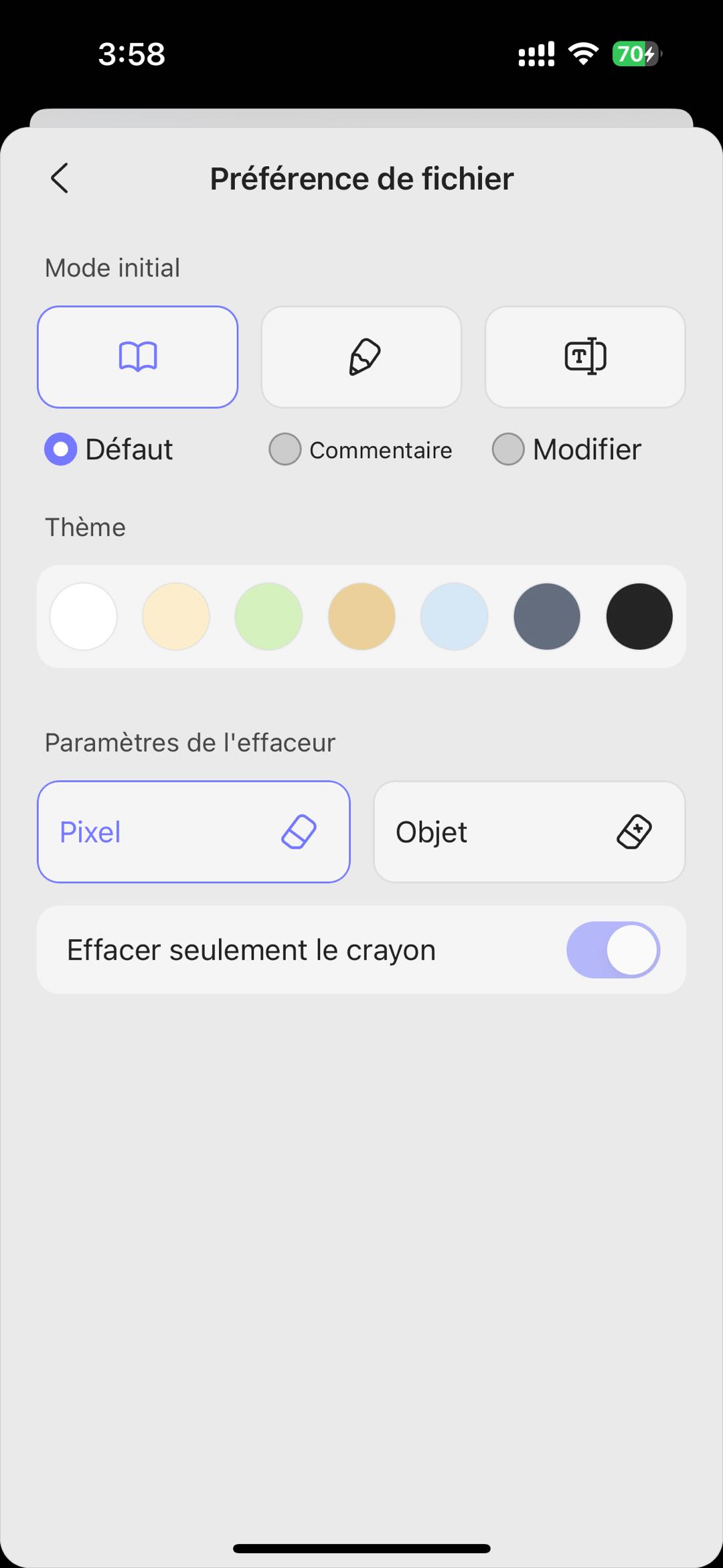 paramètres de préférences de fichier