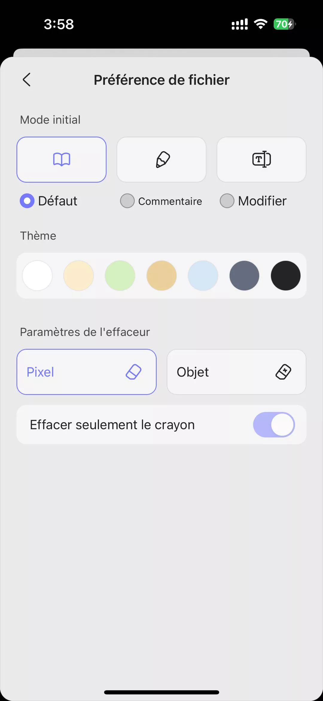 paramètres de préférences de fichier