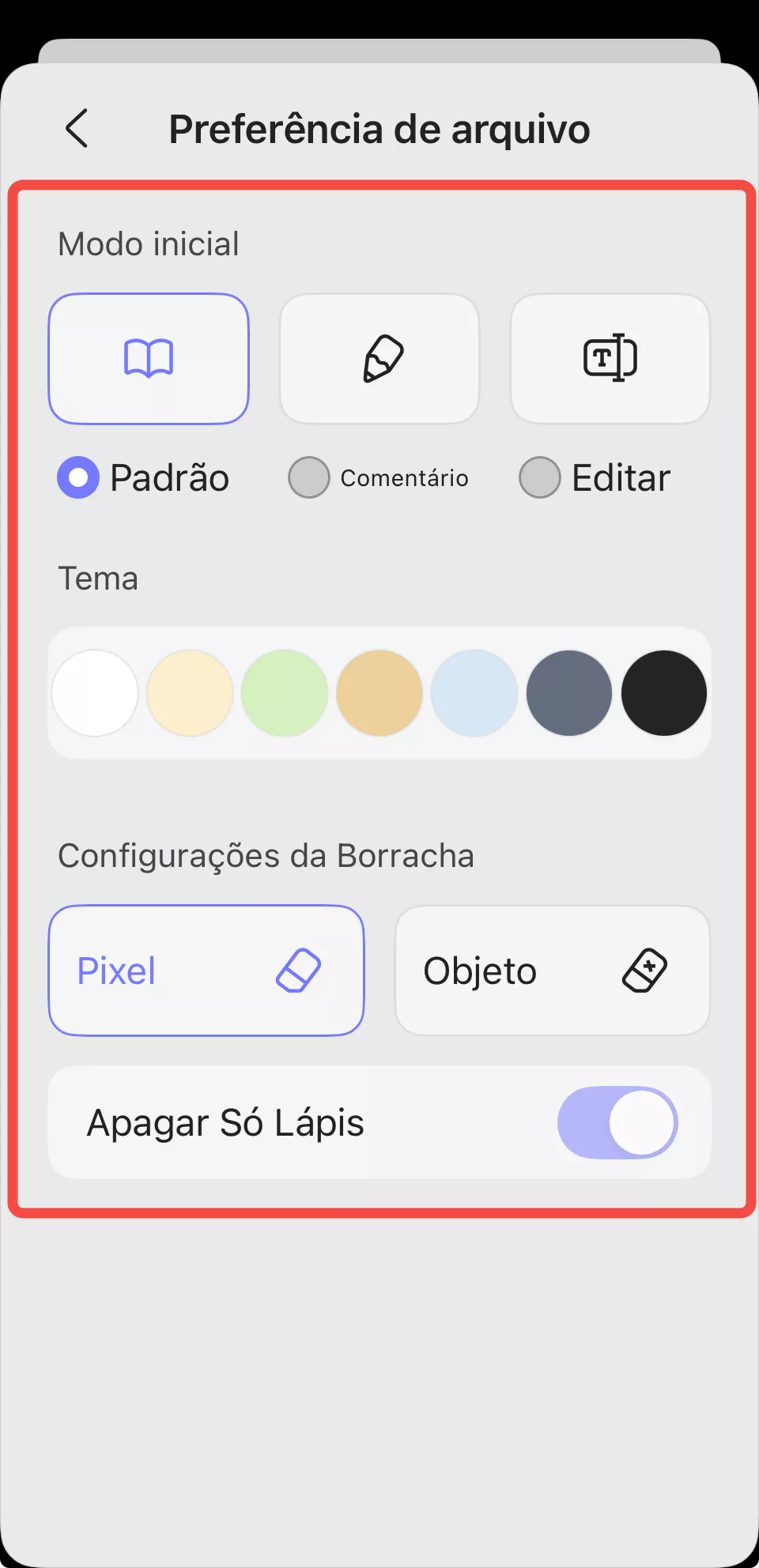 modo inicial, tema e configurações da borracha