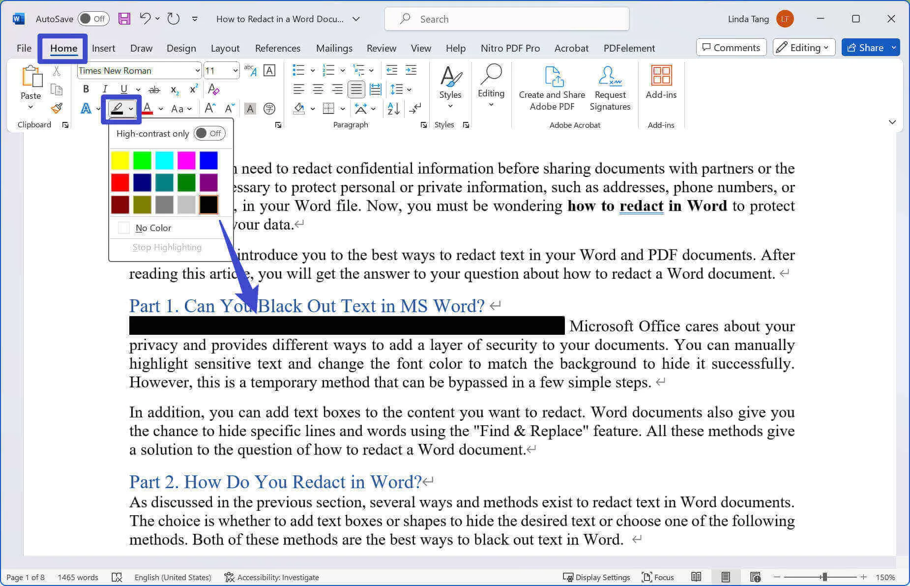 how to redact in word shading