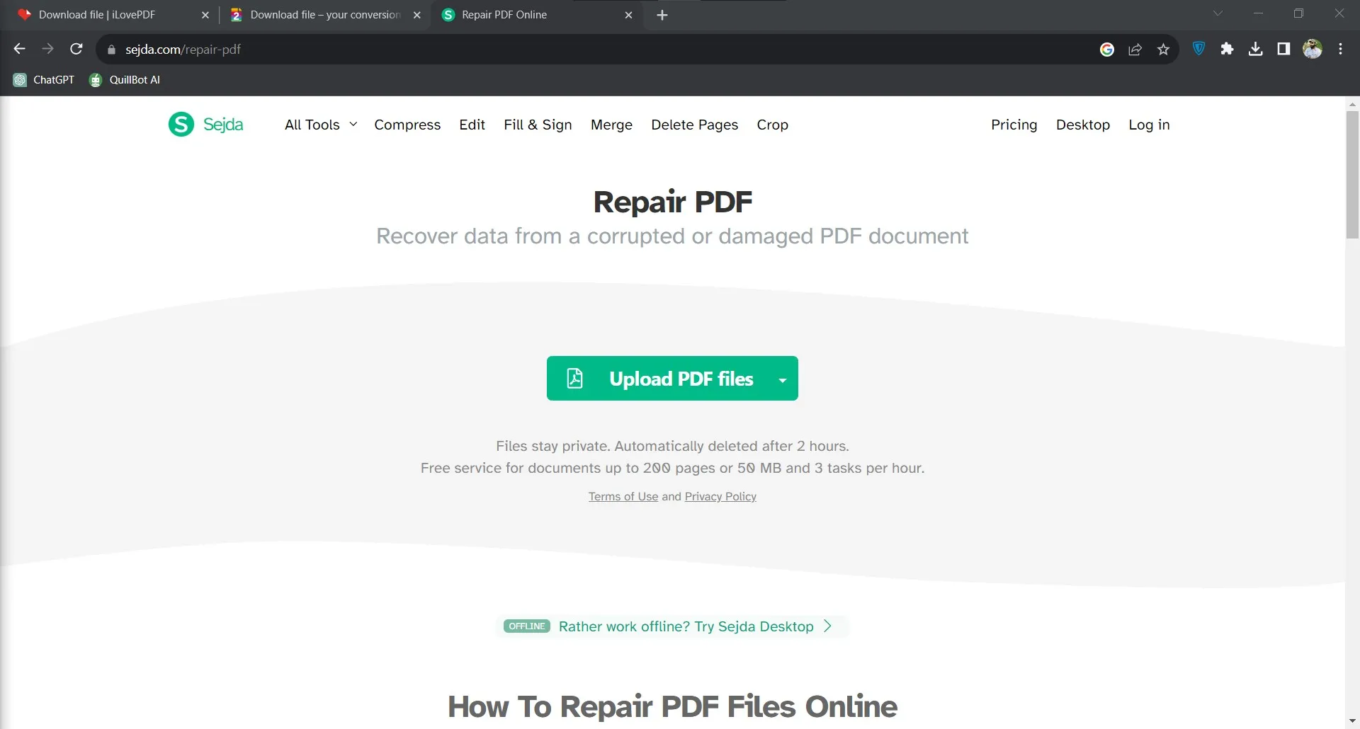 Réparer un PDF endommagé en ligne avec Sejda