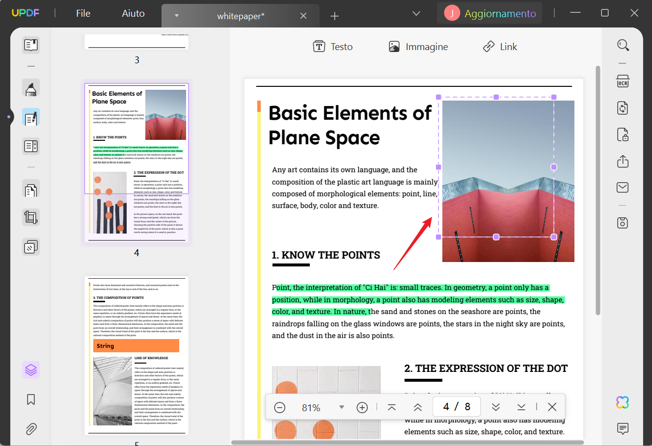 ridimensiona l'immagine in PDF trascinando gli angoli