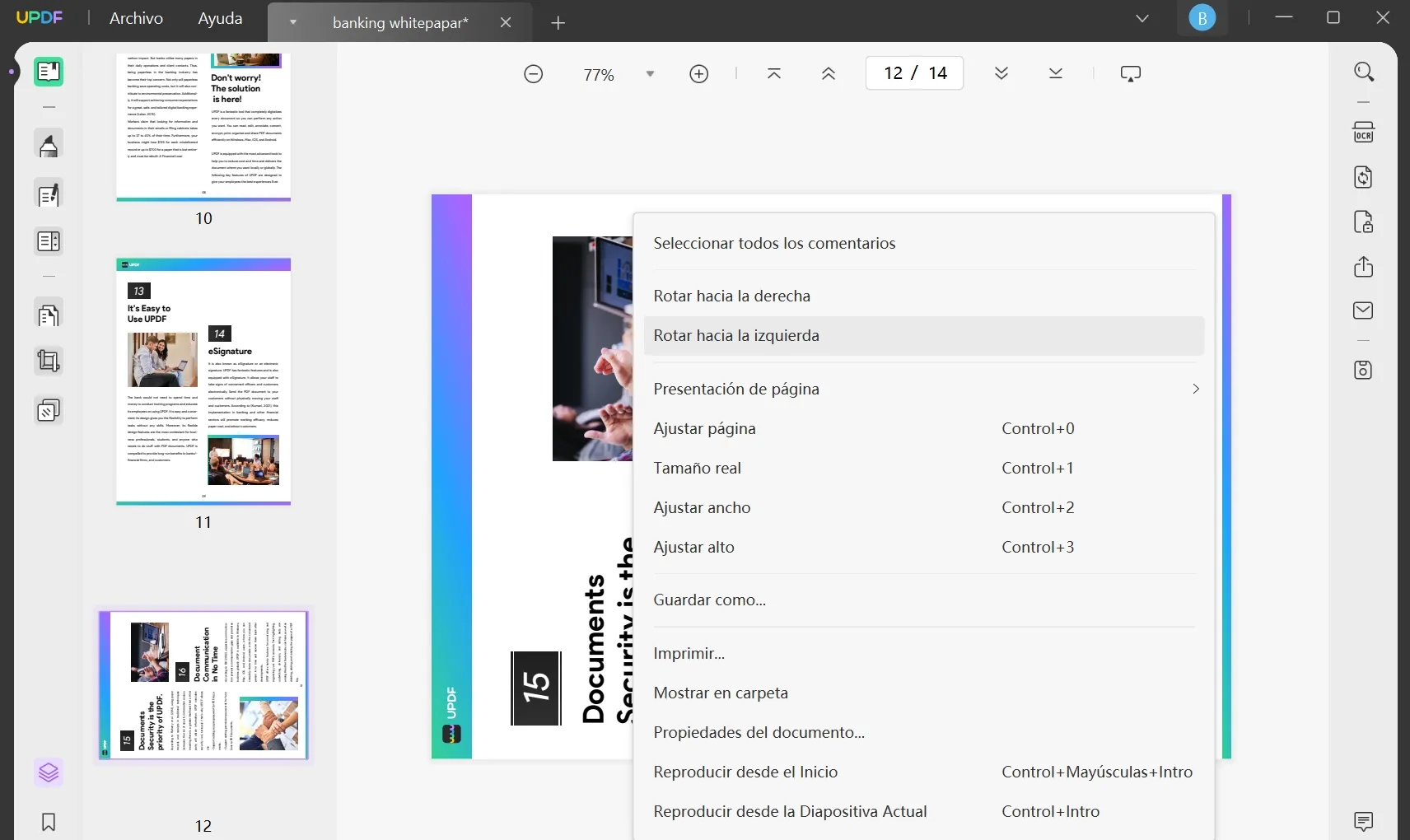 cambio de orientación del pdf haciendo clic derecho