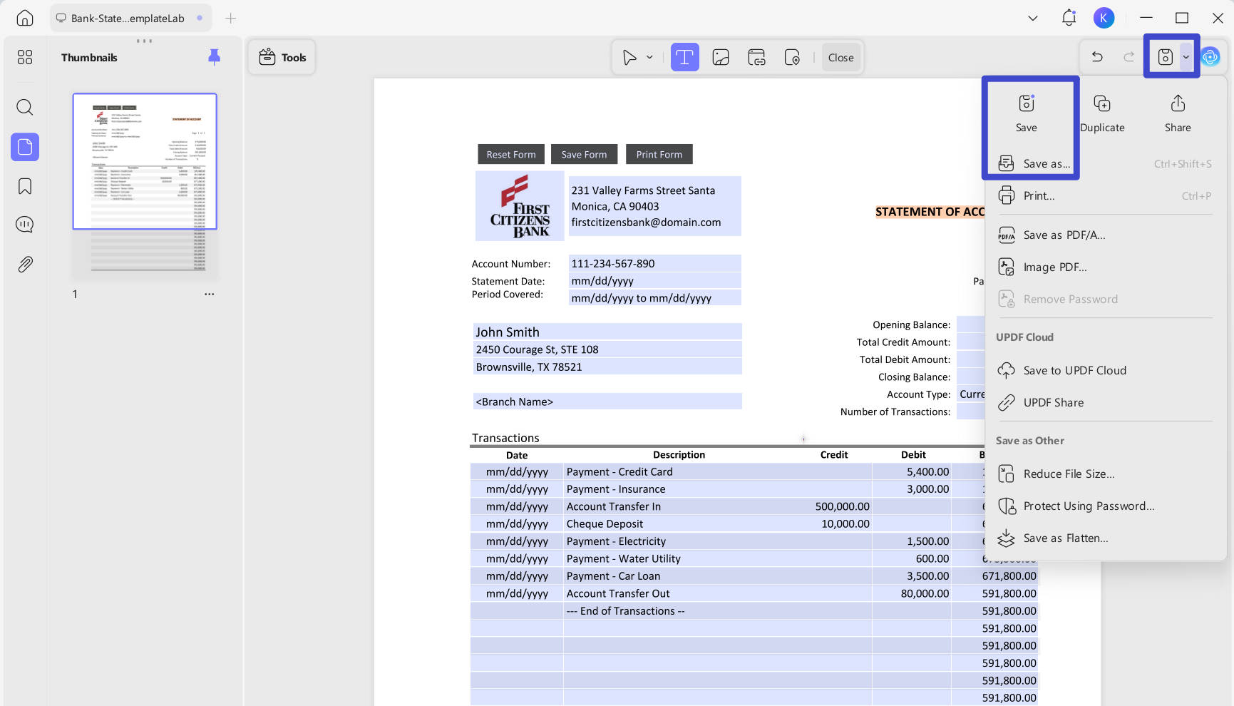 save the edited bank statement