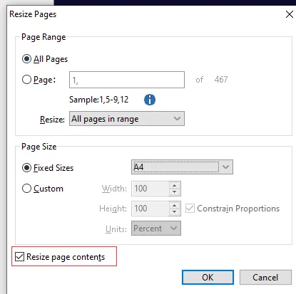 Resize Pages Dialog Box foxit