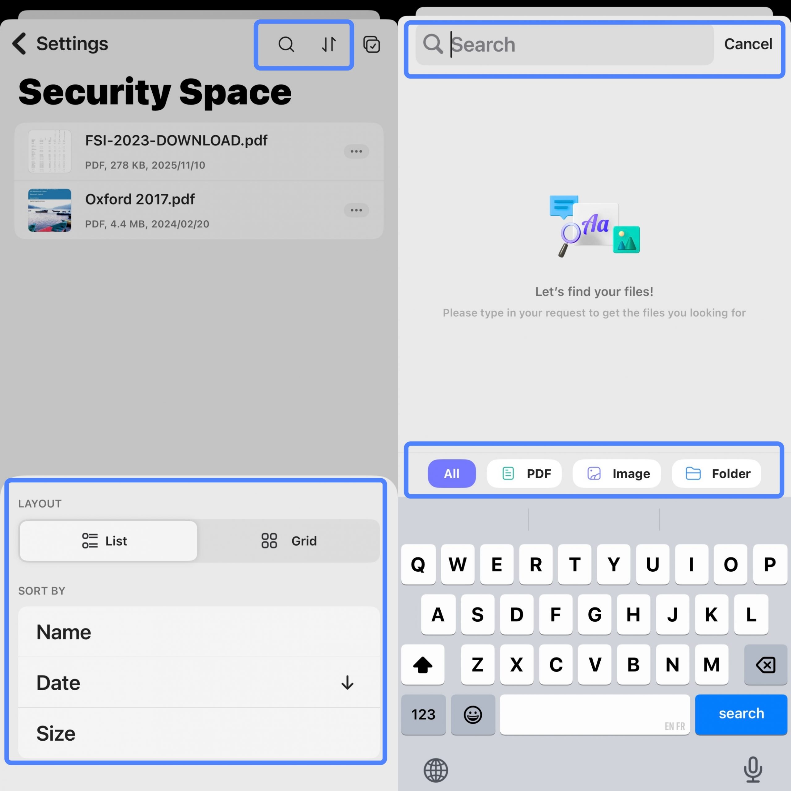 search or reorder the file list