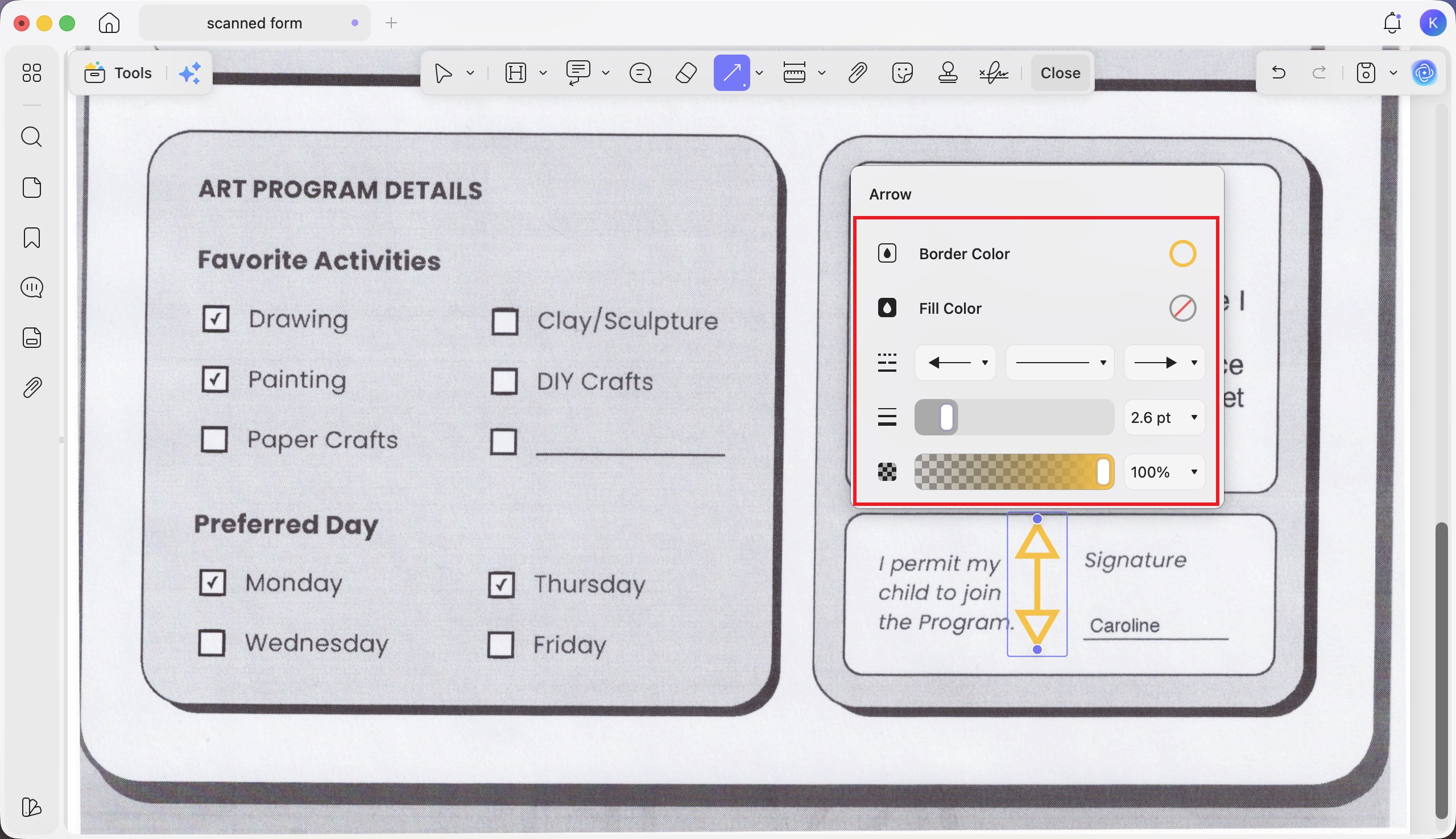 set the properties of an arrow updf mac