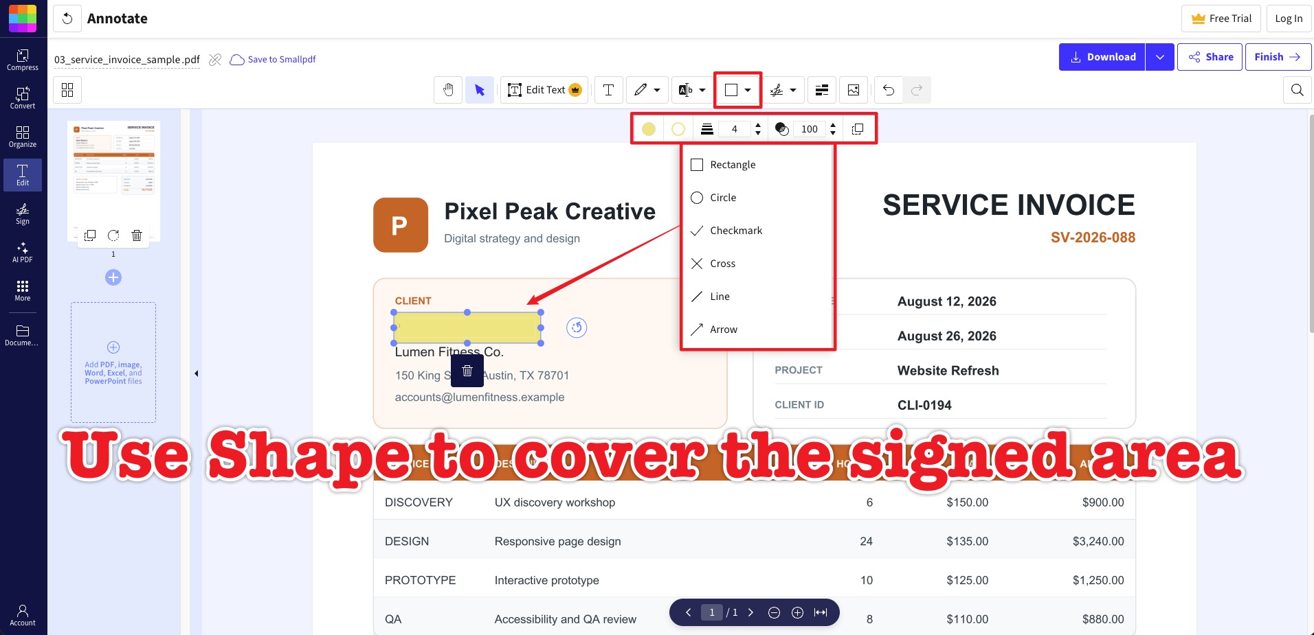 smallpdf online cover the signed area