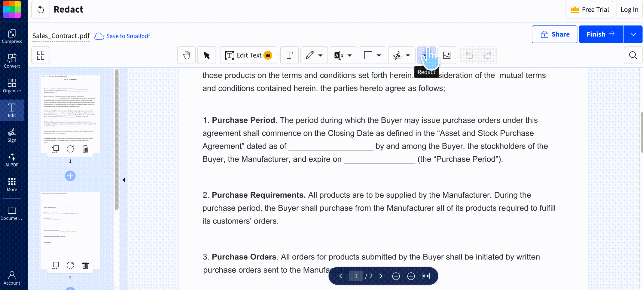 smallpdf online redaction process