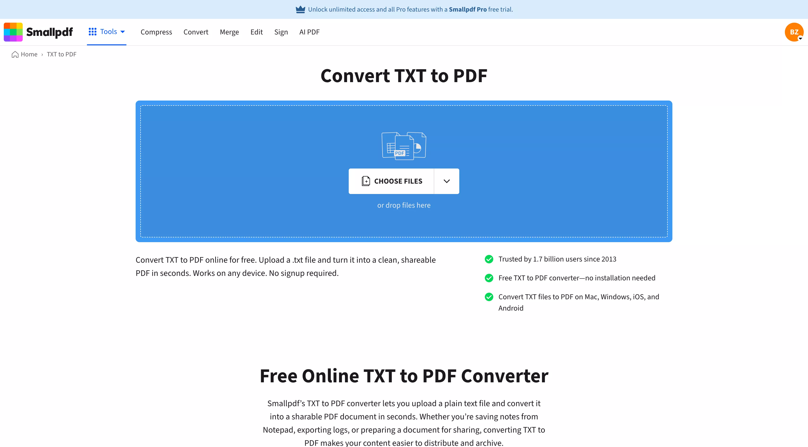 Convert TXT to PDF Online with Smallpdf