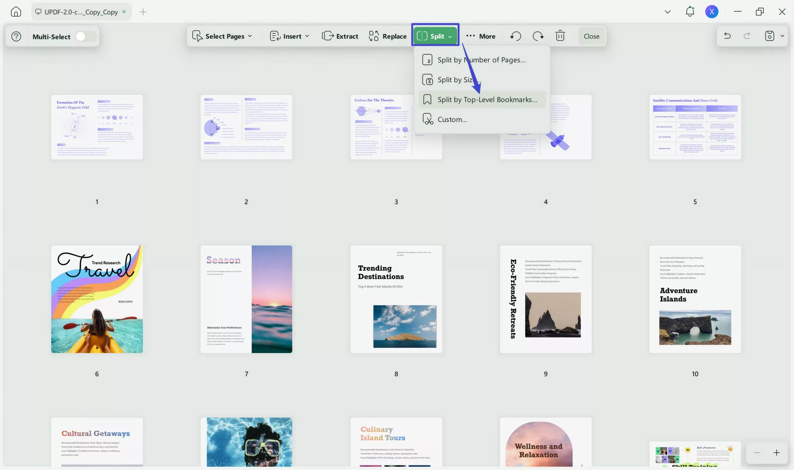 Split PDF by top level bookmarks with UPDF windows