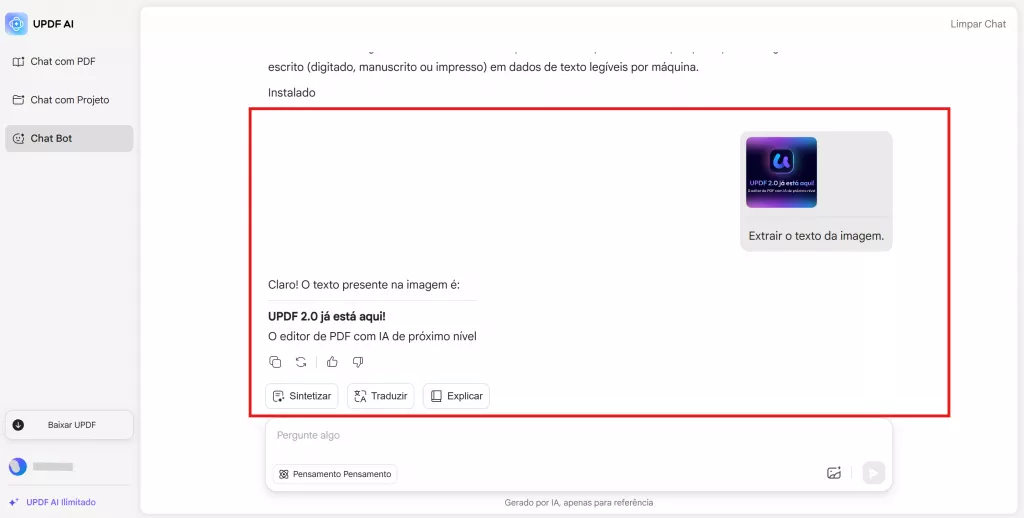 analisar o texto em imagens ou capturas de tela com updf ai