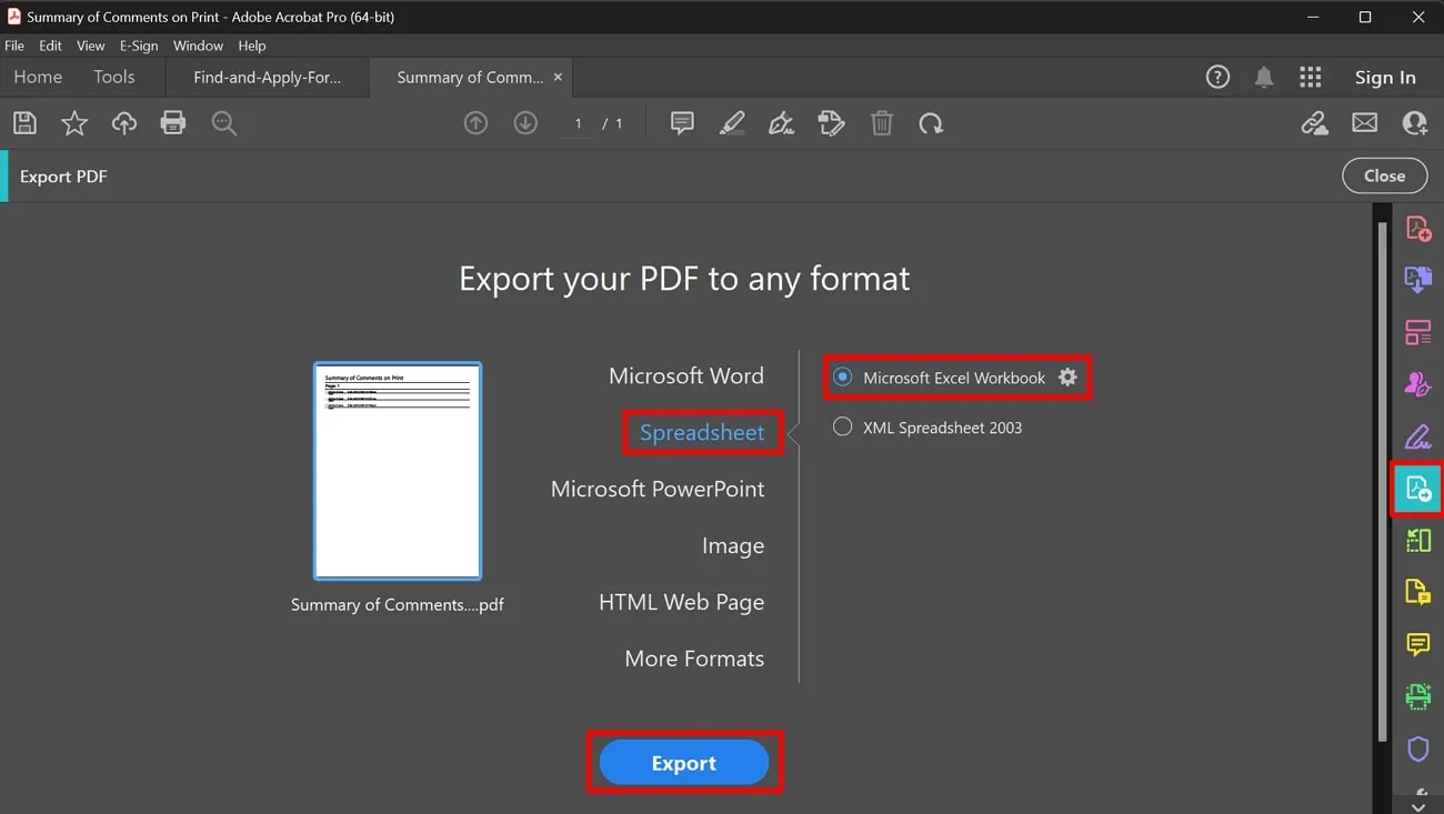 export comments from pdf to excel export icon