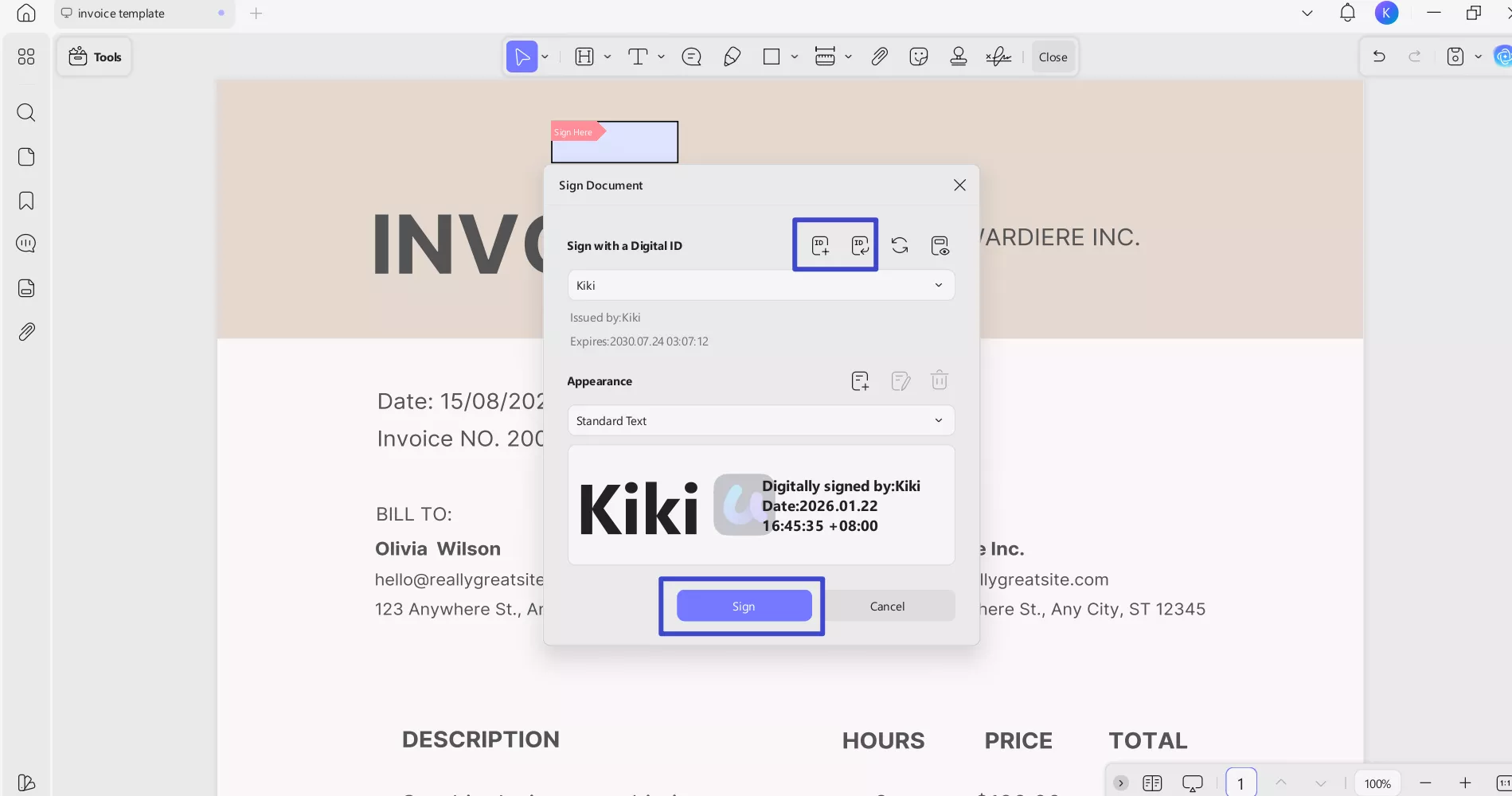 add a digital signature on pdf invoice