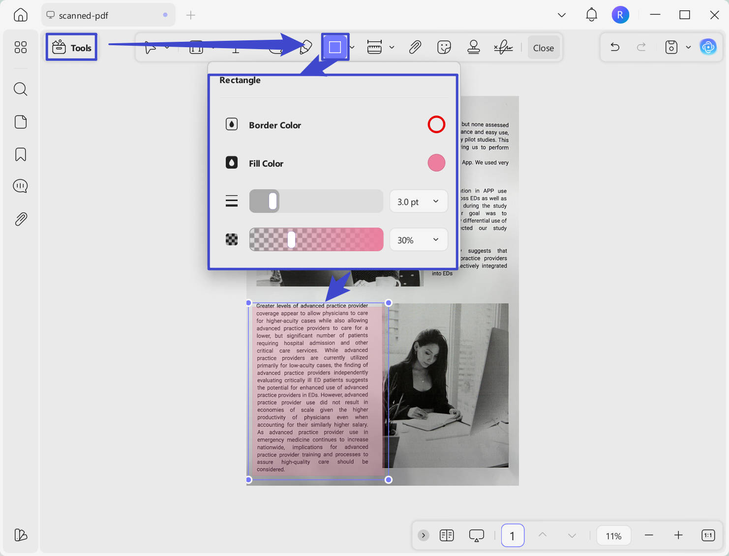 Add shape to do area highlight pdf with updf on windows