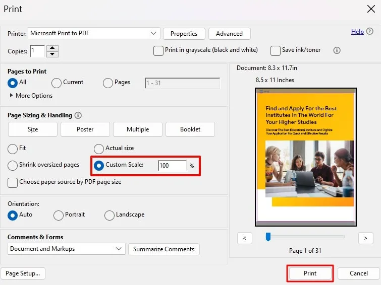 acrobat change page size custom scale