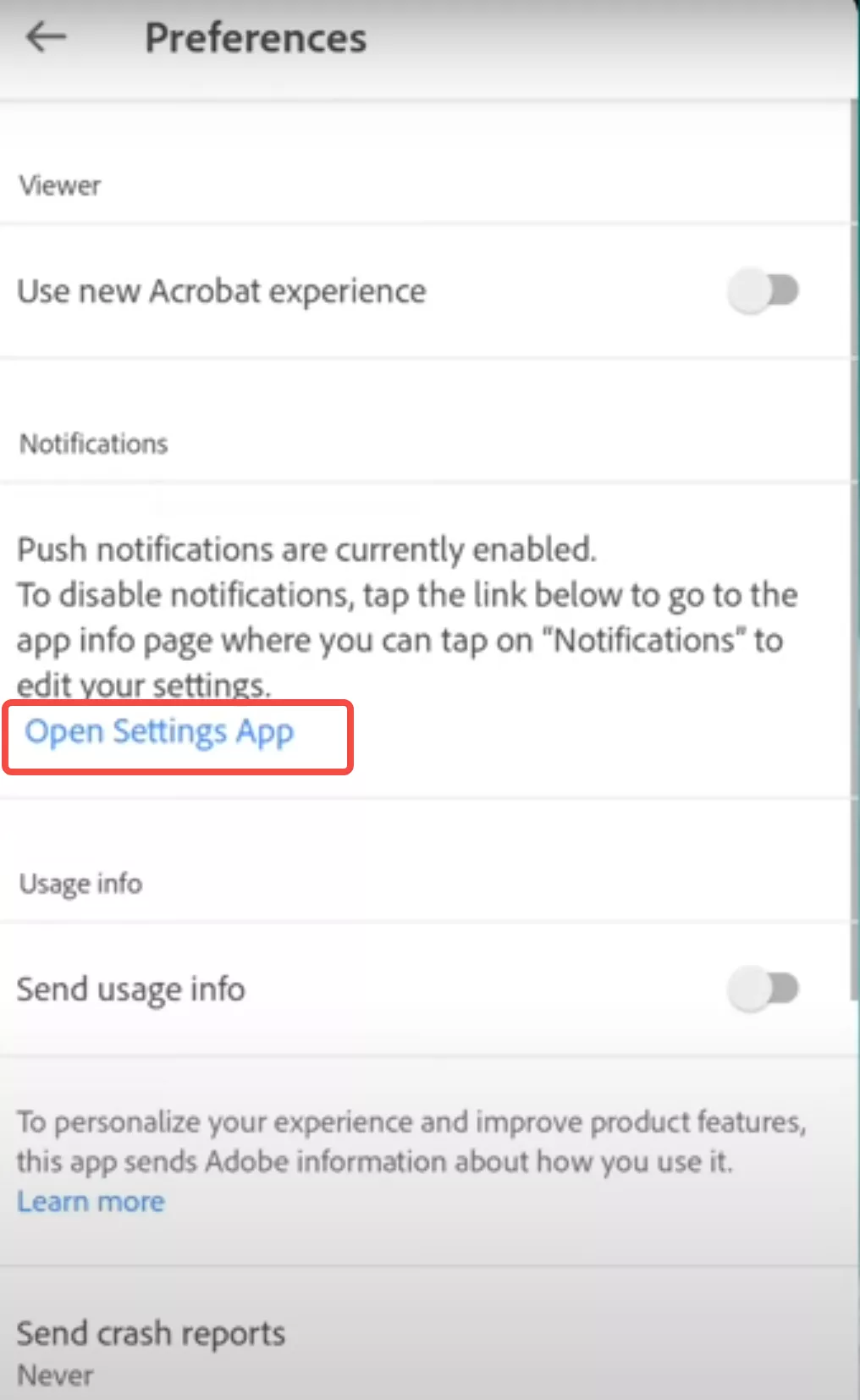 Adobe Open-Einstellungs-App