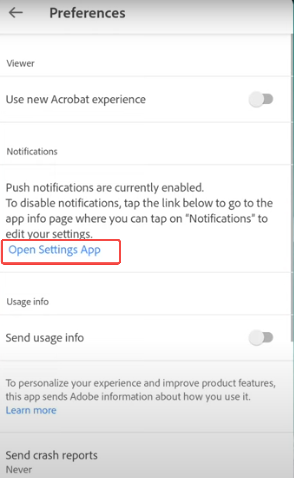 Adobe Open-Einstellungs-App