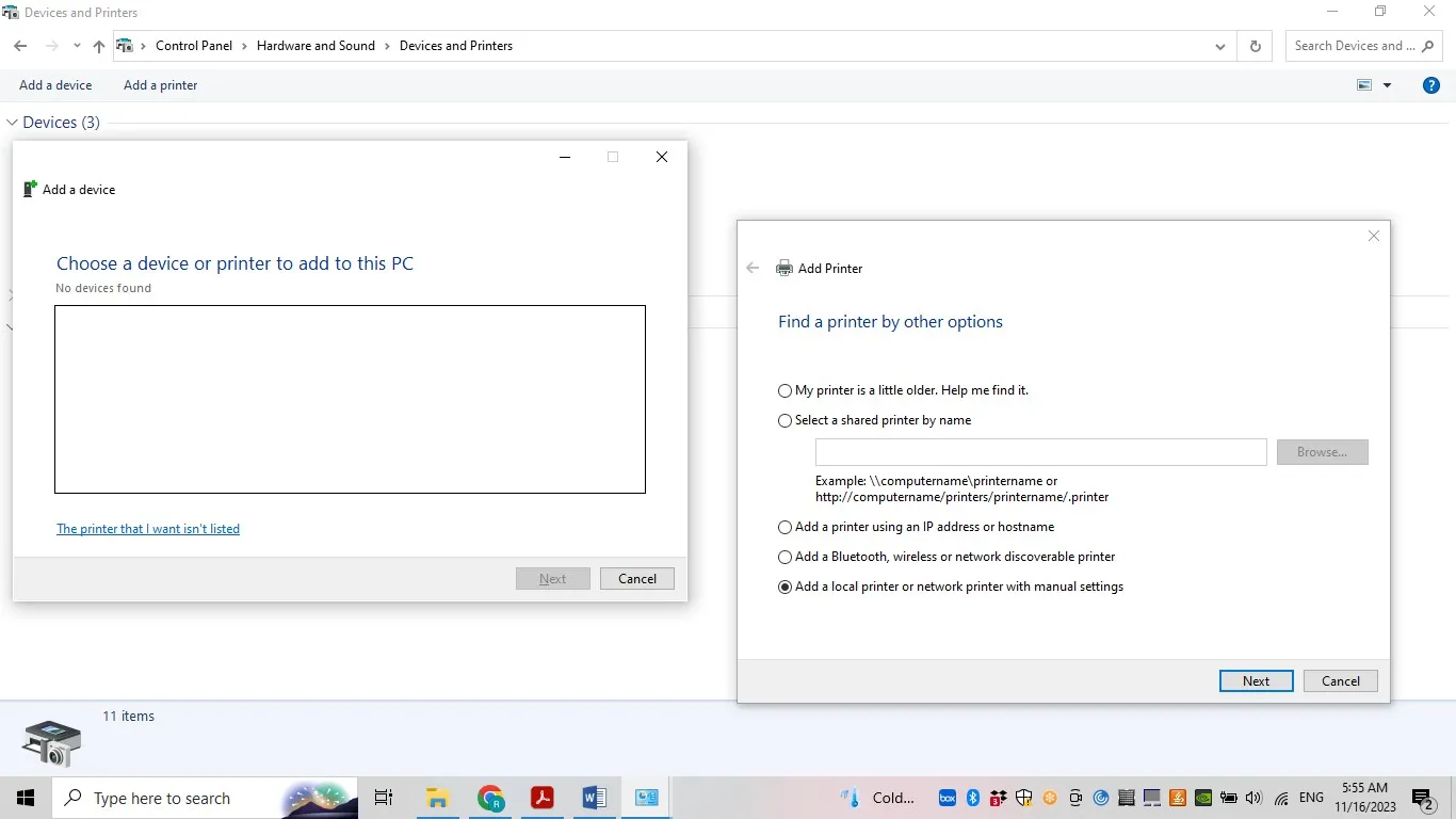 add a local printer or network printer with manual settings