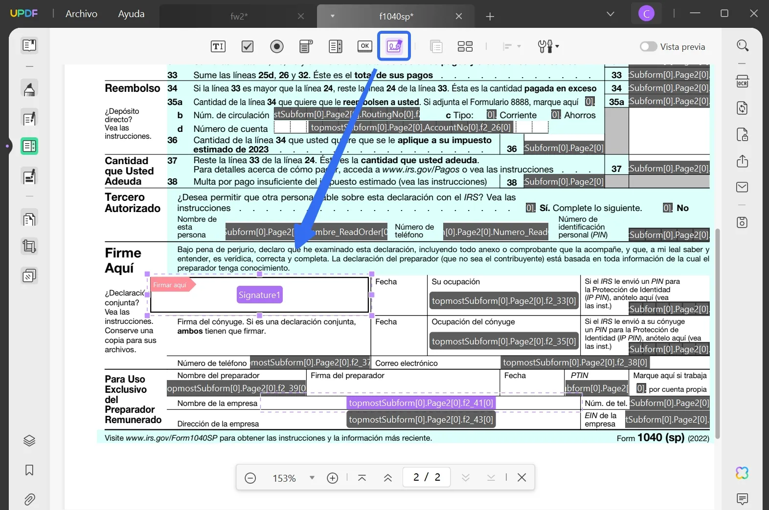 use the prepare form feature to add digital signature