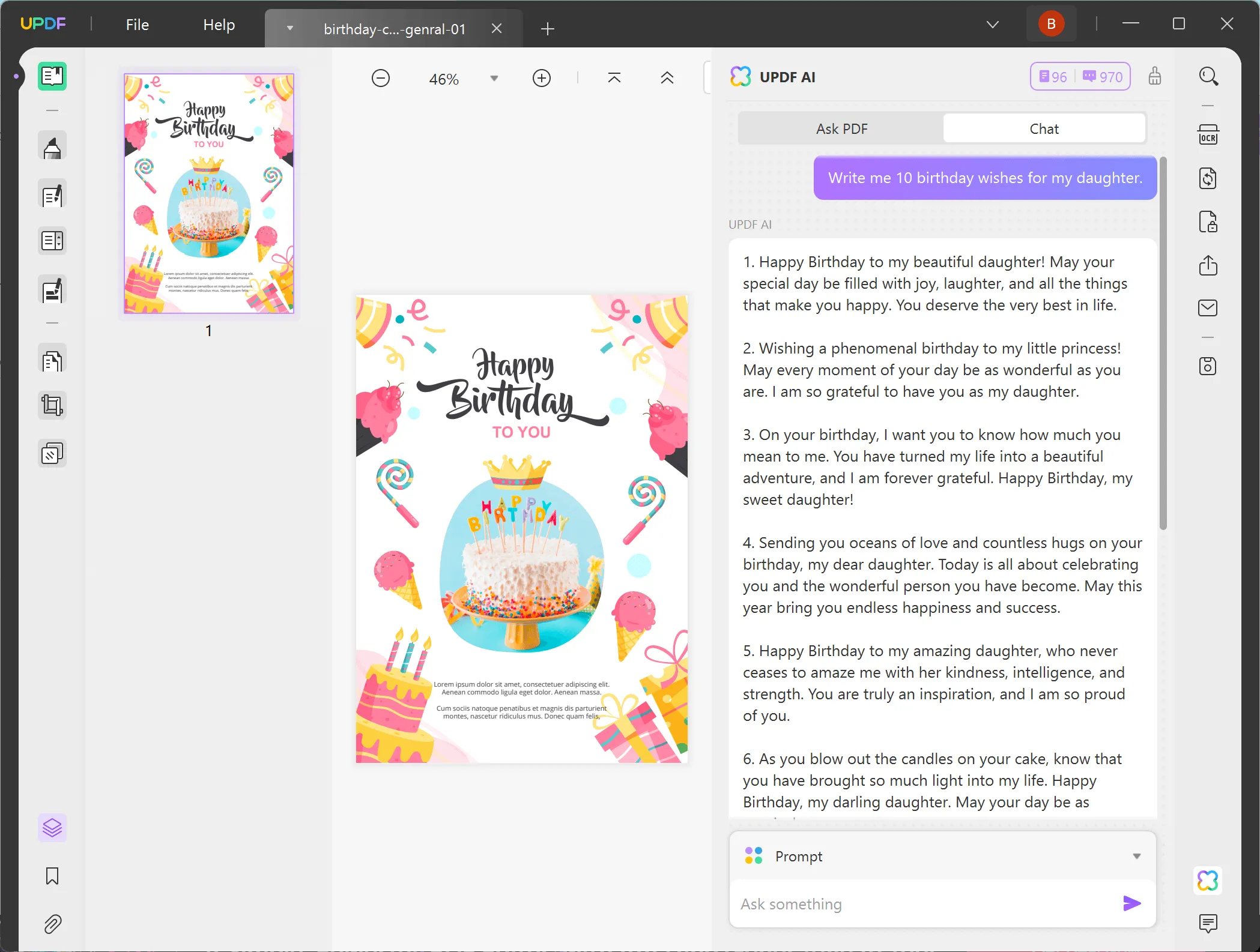 UPDF AI generated birthday wishes