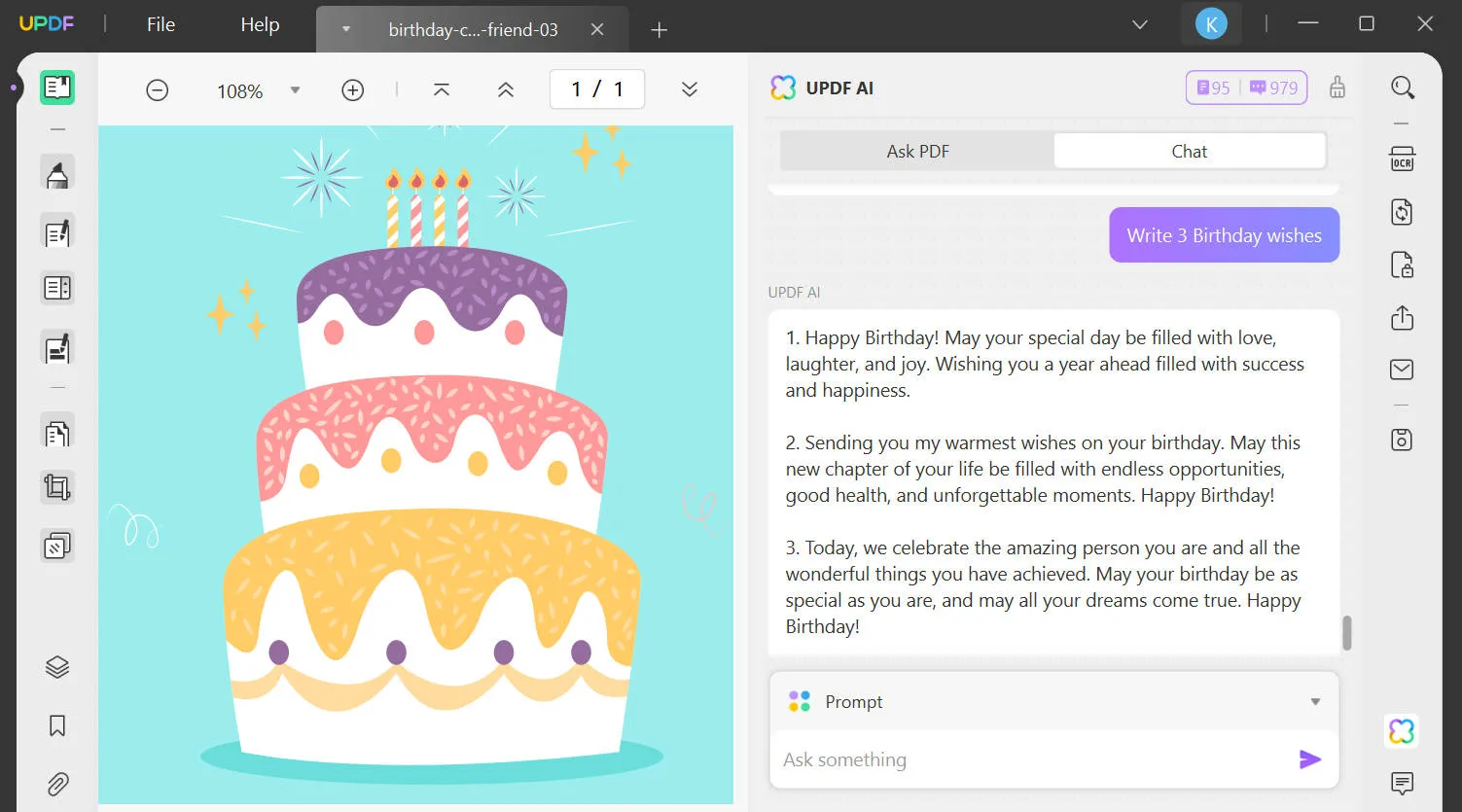 create birthday wishes with updf ai