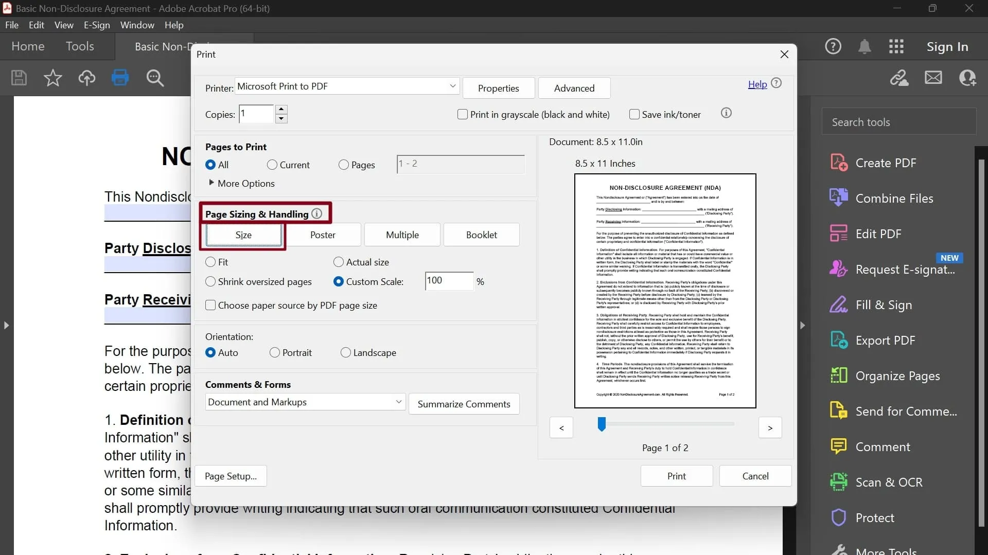 change paper size in pdf press the size button