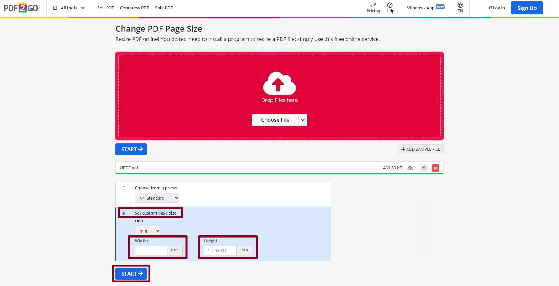 更改 pdf 中的紙張尺寸 確認頁面調整大小詳細信息