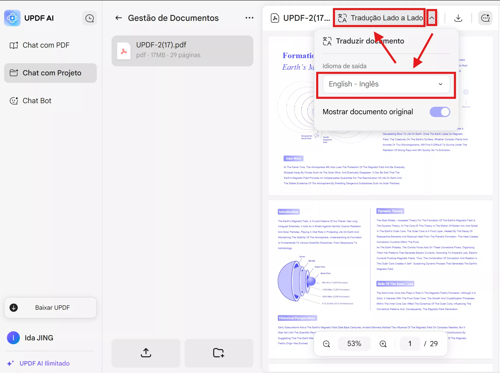 Traduzir no chat com o projeto no UPDF AI Online versão