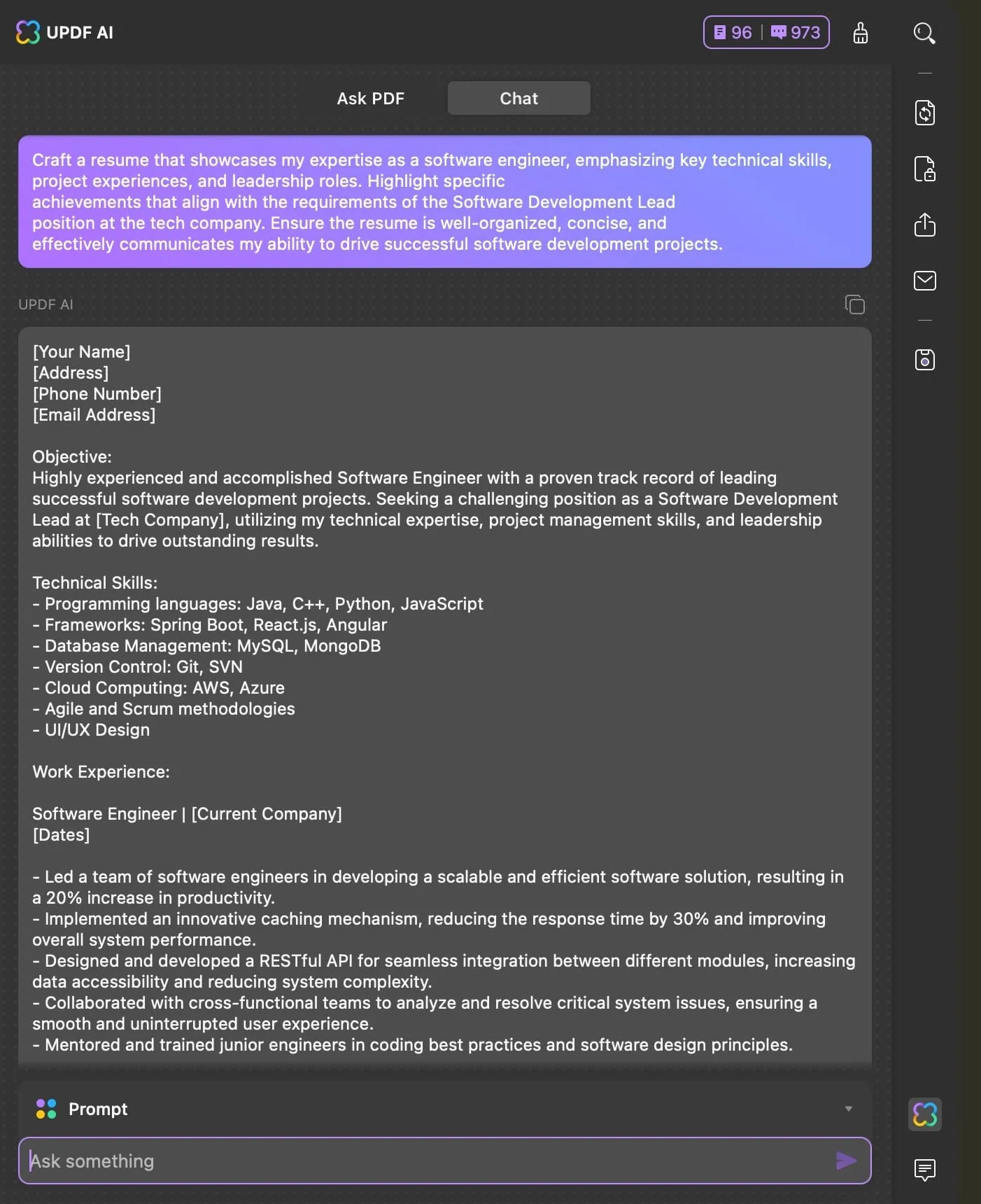 updf ai prompt for resume and cover letters