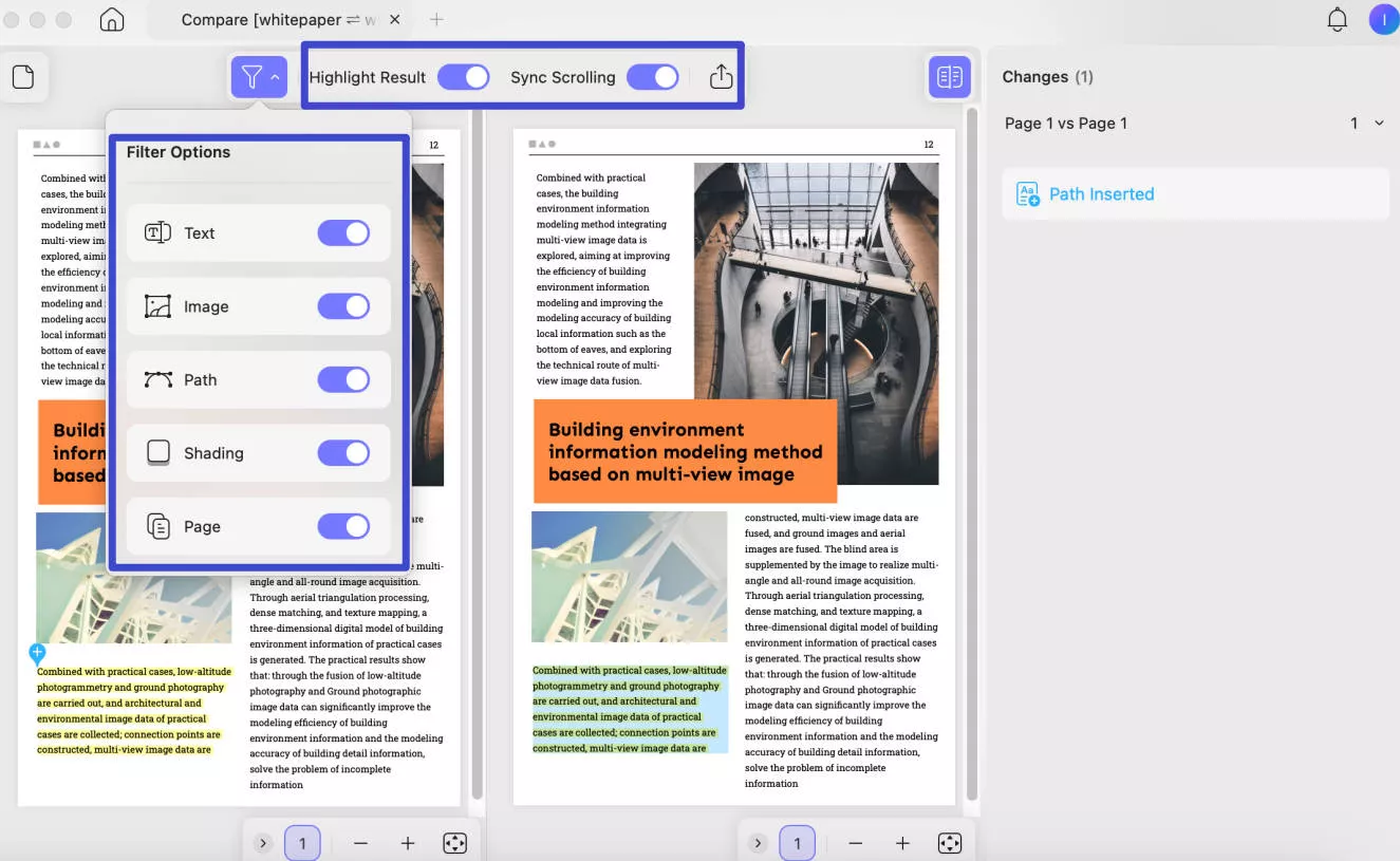 Select to check the comparing result after comparing PDF on Mac