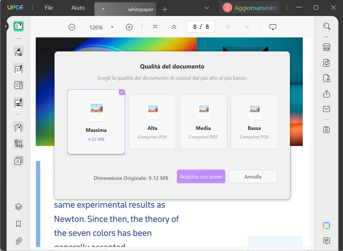 comprimere le dimensioni del file PDF